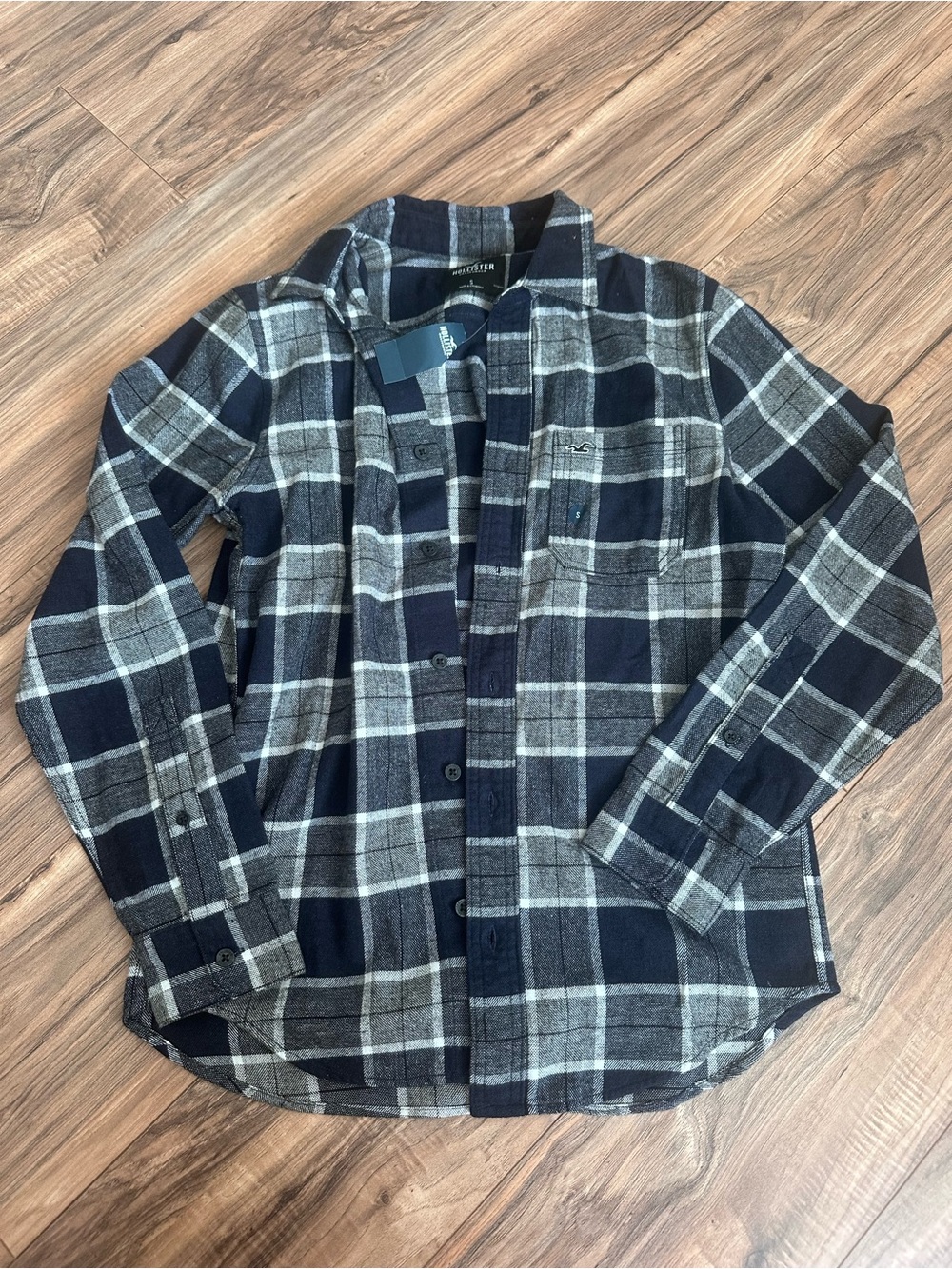 Hollister Navy and Gray Plaid Button-Down Shirt